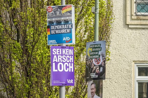 Volt, AfD, The Greens, election posters for the 2024 European elections, Berlin, Germany, Europe