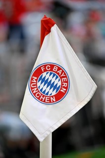 Corner flag, FC Bayern Munich FCB logo, Allianz Arena, Munich, Bavaria, Germany, Europe