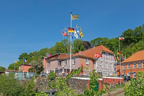 Flags, houses, harbour, old town, Lauenburg, Schleswig-Holstein, Germany, Europe