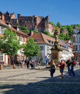 Mother of God Fountain at Kornmarkt and Heidelberg Castle, Old Town of Heidelberg, Heidelberg,