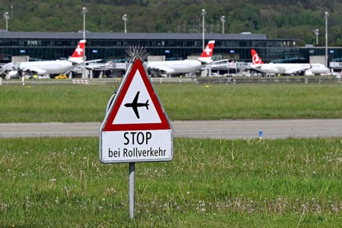 Attention sign Stop for taxiing traffic, Zurich Kloten, Switzerland, Europe