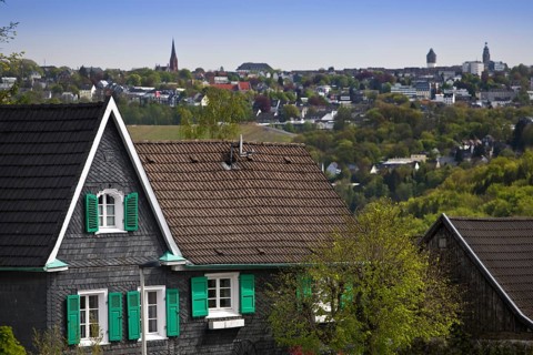 Historic half-timbered house in the Schaberg district of Solingen with a view of Remscheid,