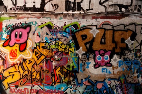 Graffiti wall in a skateboard park on the Thames, London, England, Great Britain