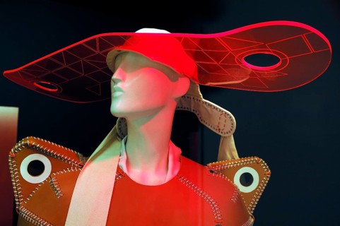 Fashion mannequin with modern hat design and leather shirt (fashion department) of the Victoria &