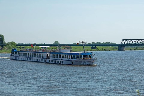 Cruise ship Swiss Ruby leaves Lauenburg, Schleswig-Holstein, Germany, Europe