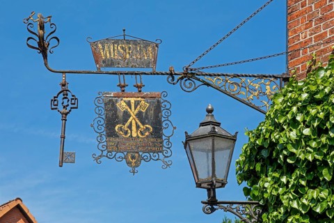 Old wrought-iron sign, Old Town, Lauenburg, Schleswig-Holstein, Germany, Europe