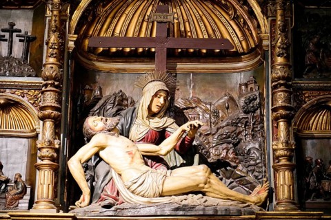 The Iglesia de San Anton church on the Nervion river in Bilbao, detail of a medieval altar with a