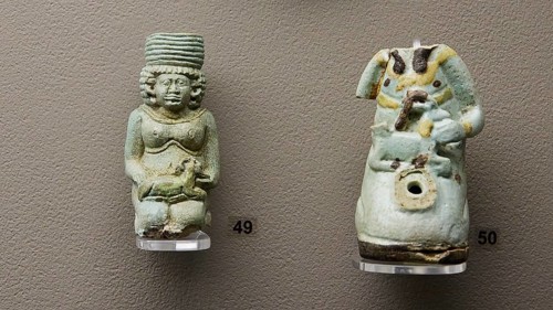 Two ancient statues in green terracotta, detailed view, interior, Archaeological Museum, Old Town,