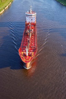 Bird's eye view of the tanker Aleyna Mercan on the Kiel Canal near Beldorf, Rendsburg-Eckernfoerde