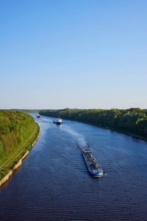Shipping traffic on the Kiel Canal near Beldorf, Rendsburg-Eckernfoerde district,