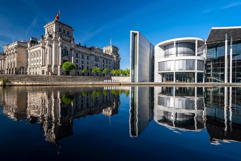 Reichstag, Paul Loebe House reflected in the Spree, Berlin, Germany, Europe