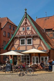 Half-timbered house, ice cream parlour, old town, Lauenburg, Schleswig-Holstein, Germany, Europe