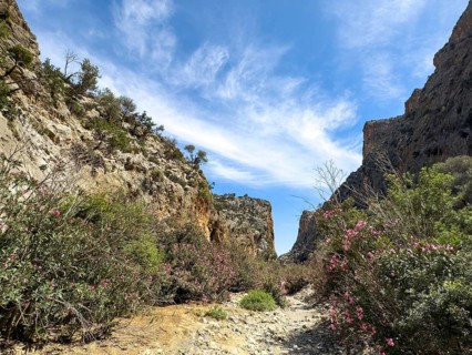 View of gorge with path hiking trail for trekking in Agiofarago gorge of the saints on south coast
