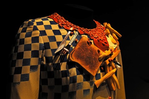 Costume, detail, with toast, fried egg, chips and cutlery for a theatre play in 1996 at the