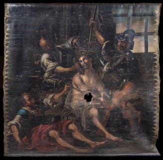 Lenten cloth in Rottweiler Muenster, Rottweil, Baden-Wuerttemberg, Germany, Europe