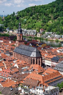 View of Heidelberg with the Heiliggeistkirche from the garden of Heidelberg Castle, Heidelberg,