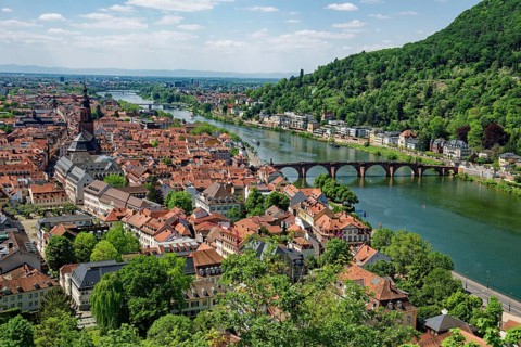 View from the Scheffel Terrace of Heidelberg Castle of Heidelberg with the Heiliggeistkirche and