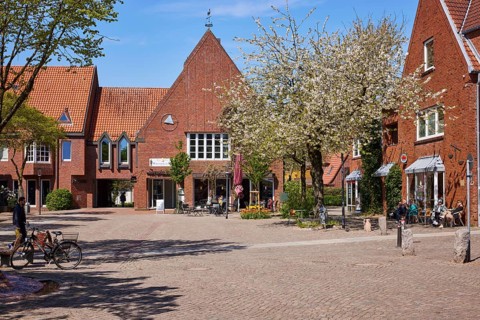 Town hall square with entrance to the Ratskeller restaurant and town hall in Niebuell,