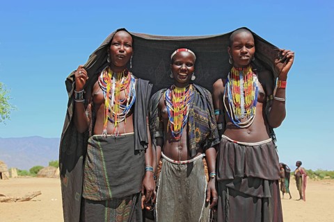 South Ethiopia, in a village of the Arbore or Erbore people at Lake Stefano, young girls with