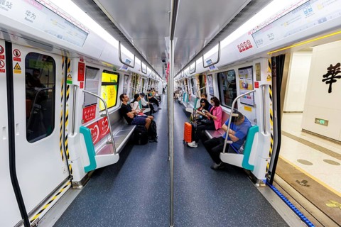 Interior of a type A CRRC Changchun metro train in public transport in Shenzhen, China, Asia