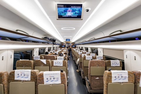 2nd class interior of the China Railway CR high-speed CR400AF Fuxing Railway train in Hong Kong,