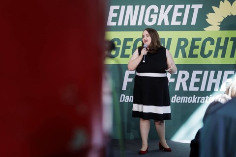 Ricarda Lang, Federal Chairwoman of Buendnis 90/DIE Gruenen, pictured at a press event in Berlin,