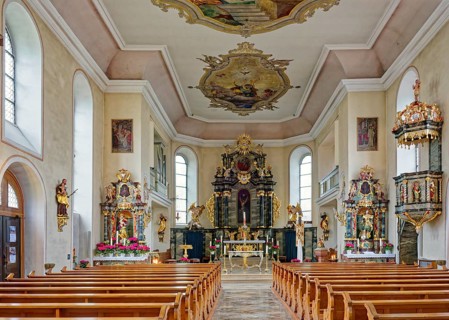 Baroque church of St Pankratius, interior view, Schwetzingen, Baden-Wuerttemberg, Germany, Europe