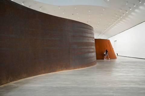 Guggenheim Museum Bilbao, Spain, Europe, Spacious corridor in modern building with corrugated steel