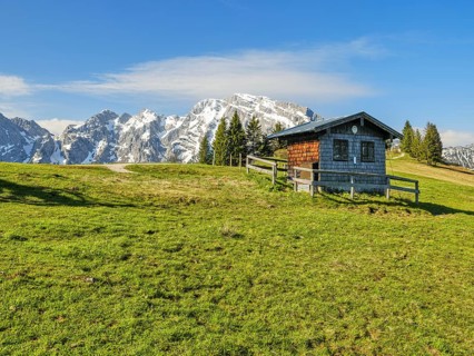 Hoher Goell with hut, Rossfeld panoramic road, Rossfeld, Berchtesgaden, Bavaria, Germany, Europe
