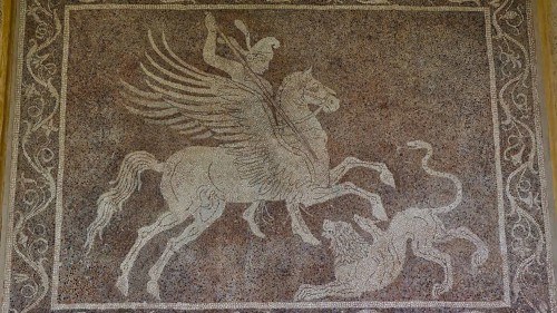 Ancient mosaic with Bellerophon on horse Pegasus fighting a chimera, showing mythological scenes,