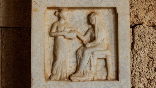 Funerary stele from Obastis, Diphros, Alabastron, seated deceased woman and standing servant, A