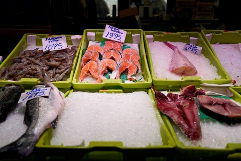 Market hall, old town centre, Bilbao, Basque Country, Spain, Europe, Market stall with various