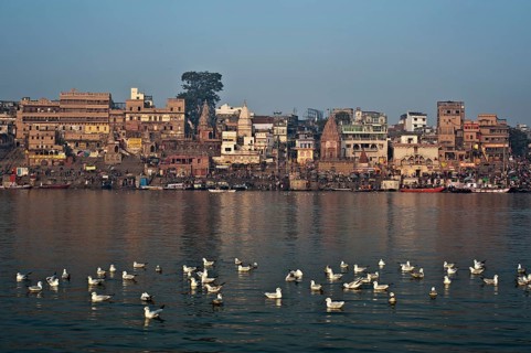 Varanasi cityscape from the Ganges river, India. Varanasi is the main pilgrimage site for hindus