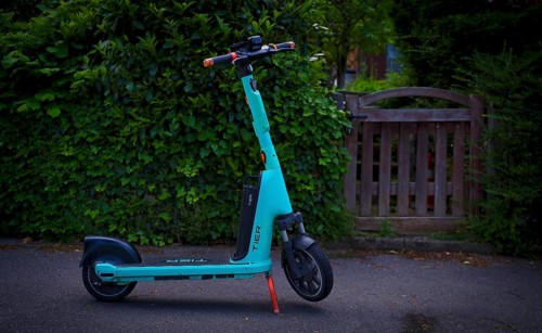 E-scooter on the side of the road in the TIER bike hire shop, Stuttgart, Baden-Wuerttemberg,