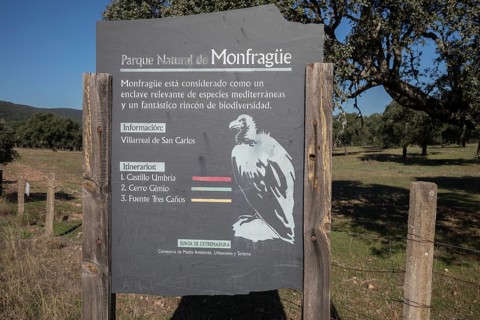 Monfraguee National Park sign, Extremadura, Castilla La Mancha, Spain, Europe