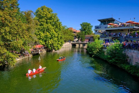 Fishing on the Pegnitz, city festival, Insel Schuett, Nuremberg, Middle Franconia, Franconia,