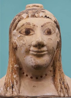 Aryballos, Ceramic vessel, motif cropped, background AI generated, Ancient sculpture of a smiling