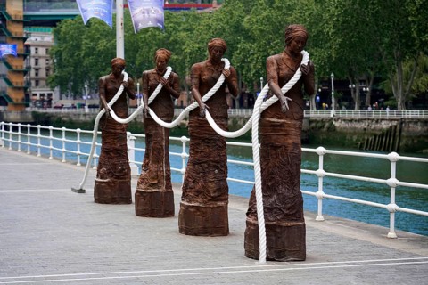 On the way in Bilbao, Province of Bizkaia, Basque Country, Spain, Europe, Sculptures of four woman