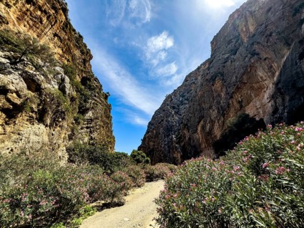 View of gorge with path hiking trail for trekking in Agiofarago gorge of the saints on south coast