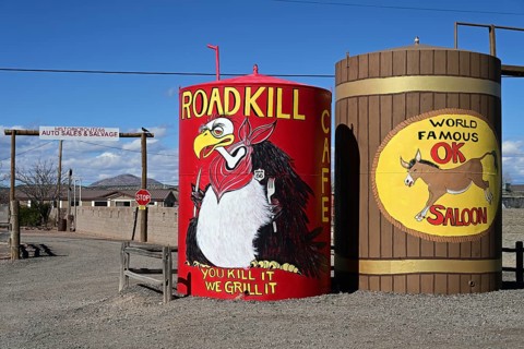 Advertising pillar for Roadkill Cafe on historic Route 66, Seligman, Arizona