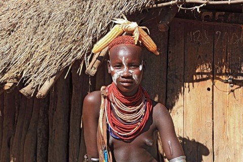 South Ethiopia, Omo region, among the Karo people, young woman, girl with jewellery and face