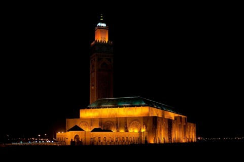Hassan II mosque illuminated at night, Casablanca, Morocco, Africa