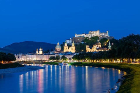 Hohensalzburg Fortress, Salzburg Cathedral, Salzach, Blue Hour, City of Salzburg, Province of
