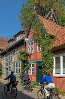 Half-timbered house, cyclist, old town, Lauenburg, Schleswig-Holstein, Germany, Europe