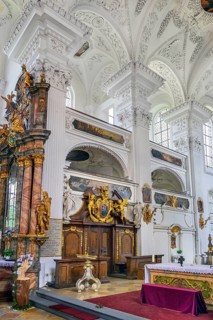 Choir stalls and gallery, former monastery church of St. Peter and Paul, Irsee monastery or abbey,