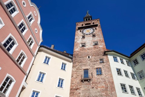 Main square with Huas facades and Schmalzturm, Landsberg am Lech, Upper Bavaria, Bavaria, Germany,