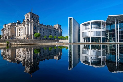Reichstag, Paul Loebe House reflected in the Spree, Berlin, Germany, Europe
