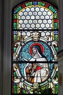 Colourful stained glass window, St. Theresa, Filialkirche Kronburg, Kronburg, Allgaeu, Swabia,