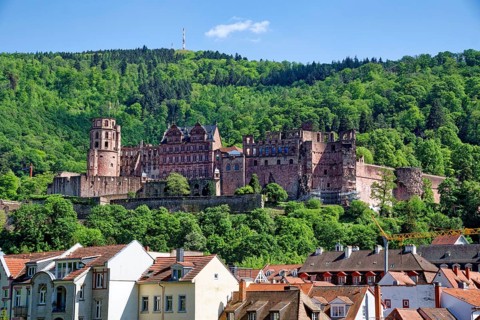 View of Heidelberg Castle from the Kornmarkt, Old Town of Heidelberg, Heidelberg,