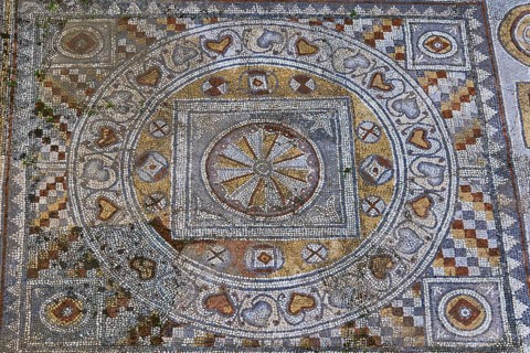 Floor mosaic with artistic patterns in a historical context, outdoor area, Archaeological Museum,